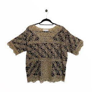 Vintage Honey Moon Short Sleeve Floral Embroidery Pullover Blouse Top Size XL